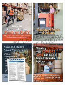 "Warehouse Safety Focus Pack 1: General" from Clement, including 4 safety posters and a meeting guide to prevent material handling injuries.
