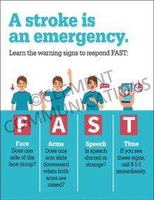 "A Stroke is an Emergency" health safety poster from Clement, teaching the F.A.S.T. warning signs for stroke recognition and response.