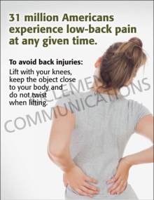 Lower-Back Pain safety poster highlighting facts about back pain and illustrating safe lifting techniques like bending knees and avoiding twisting.
