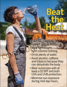 Workplace safety poster titled "Beat the Heat" showing a thermometer graphic and tips on preventing heat exhaustion and staying hydrated in high temperatures.