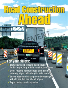 "Road Construction Ahead" highway safety poster from Clement, promoting safe driving practices in construction and work zones.