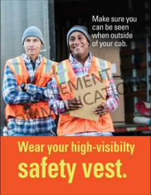Industrial workplace safety poster detailing requirements for high-visibility apparel, featuring an icon of a worker wearing a bright neon safety vest.