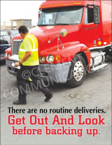 Vehicle safety poster featuring the "GOAL" (Get Out and Look) acronym to remind drivers to inspect their surroundings before backing up or maneuvering.