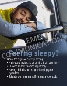 A workplace safety poster titled "Feeling sleepy?" showing a driver asleep at the wheel of a truck, listing warning signs of drowsy driving.