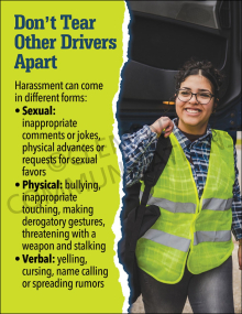 Workplace safety poster titled "Don't Tear Other Drivers Apart" featuring a smiling female driver in a high-visibility vest and definitions of harassment.