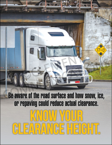 A semi-truck driving under a bridge with a 17-foot clearance sign, featuring text about being aware of road surfaces like snow and ice.