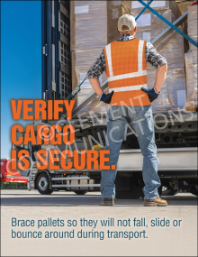 A safety poster showing a worker in a high-visibility orange vest standing behind an open truck filled with secured pallets. Large orange text reads "VERIFY CARGO IS SECURE."
