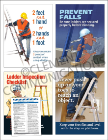 A coordinated set of ladder safety posters and inspection checklists detailing how to check rungs, rails, and feet for damage before climbing.