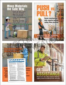 Warehouse Safety Focus Pack 3: Material Handling containing 4 unlaminated safety posters and a comprehensive training meeting guide for warehouse staff.