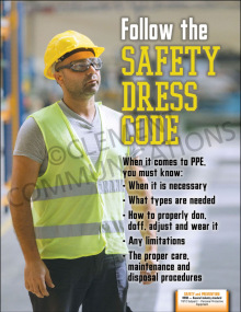 "Safety Dress Code" safety poster from Clement, providing clear guidance on PPE types and workplace dress code requirements.