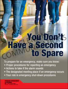 Workplace safety poster titled "You Don't Have a Second to Spare" emphasizing the critical importance of staying alert to prevent sudden accidents.