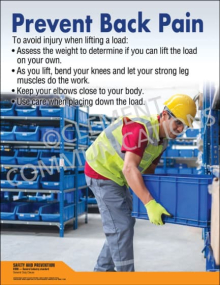 Prevent Back Pain safety poster featuring a critical reminder for employees to assess the weight of a load before attempting to lift it alone.