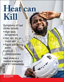 Urgent medical compliance and heat stress safety poster titled "Heat Can Kill" detailing heat stroke warning signs and immediate 911 emergency response protocols.