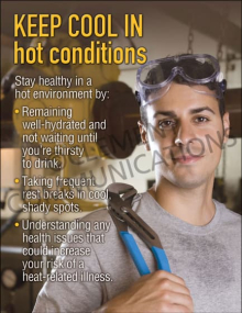 Occupational heat stress prevention poster titled "Keep Cool in Hot Conditions" outlining essential guidelines for proactive hydration, rest breaks, and heat risk awareness.