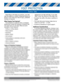 "PPE - Foot Protection" toolbox talk training sheet from Clement, featuring safety meeting points and a comprehension quiz.