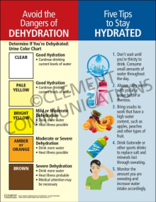 "Dehydration-Hydration" infographic poster from Clement, providing vital steps to recognize dehydration and maintain health in hot weather.