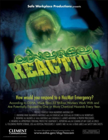 Movie-style industrial chemical safety poster titled "Adverse Reaction. How would you respond to a hazmat emergency?" highlighting OSHA chemical exposure statistics.