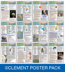 Laminated restroom safety poster from the Safety Briefs Volume 2 set, featuring three compact informational articles and a graphic safety reminder.