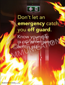 Workplace emergency preparedness and fire safety poster titled "Don't let an emergency catch you off guard" reminding employees to know their role in the emergency action plan.