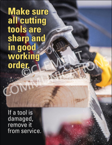 Hand safety poster titled "Cutting Tools" illustrating safe handling techniques and precautions for knives, blades, and sharp industrial tools.