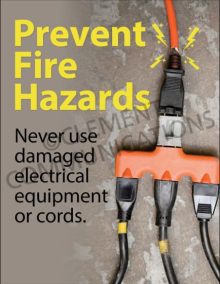 Large high-visibility workplace safety poster titled "Prevent Fire Hazards" featuring illustrated tips for fire prevention, equipment maintenance, and emergency clearance.