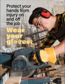 "Protect Your Hands From Injury" safety poster from Clement, encouraging workers to wear gloves and stay safe on and off the job.