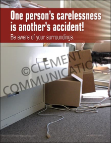 "Be Aware of Your Surroundings" safety poster from Clement, emphasizing situational awareness to prevent accidents caused by carelessness.