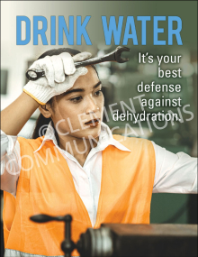 Workplace hydration poster featuring a refreshing water graphic and clear instructions on the importance of drinking water regularly for safety and focus.