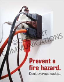 Facility fire prevention safety poster titled "Prevent a fire hazard. Don't overload outlets." highlighting safe electrical practices.