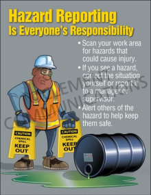 Hazard Reporting Is Everyone's Responsibility workplace safety poster with instructions to scan work areas for potential injuries.