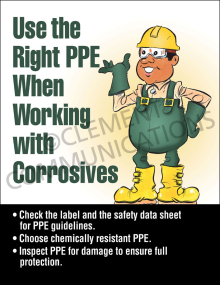 Chemical safety poster titled "Working with Corrosives" illustrating proper PPE and safety procedures for handling hazardous substances.
