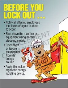 "LOTO-Before You Lock Out" safety poster from Clement, emphasizing the importance of notifying affected employees before lockout/tagout.