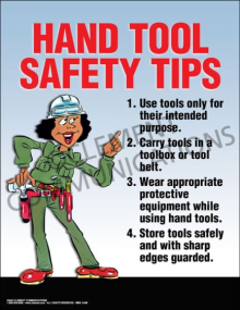 Hand Tool Safety Tips poster featuring visual guidelines for safe tool handling and injury prevention in the workplace.