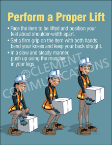 Perform a Proper Lift Safety Poster illustrating the correct way to face an item and position feet shoulder-width apart for a safe lift.