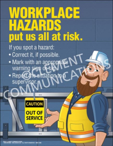 Workplace Hazards Put Us All at Risk safety poster featuring a clear reminder to spot and correct workplace hazards to keep the entire team safe.
