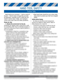"Tool Safety - Hand Tools" toolbox talk training sheet from Clement, featuring safety meeting points and a comprehension quiz.