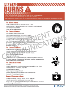 First Aid - Burns safety poster providing essential instructions on how to respond to thermal, chemical, and electrical burn injuries in the workplace.