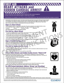First Aid - Heart Attacks and Sudden Cardiac Arrest safety poster explaining the differences between heart blockages and arrhythmias with response steps.