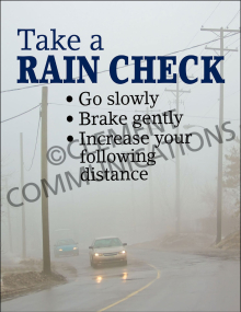 Safety poster titled "Winter Hazards: Rain Check" showing precautions for navigating wet, icy, and hazardous winter weather conditions.
