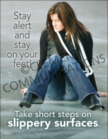 "Winter Hazards - Take Short Steps" safety poster from Clement, instructing workers to take short steps and wear proper footwear on slippery surfaces.