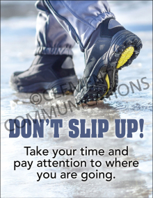 "Winter Hazards - Don't Slip Up" safety poster from Clement, illustrating the correct way to walk on icy or snowy surfaces to prevent falls.