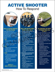 Active Shooter safety poster providing essential workplace response instructions and signs of potential threats.