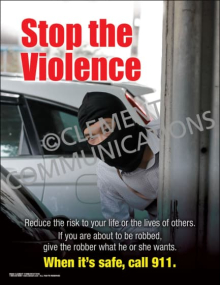 Workplace safety poster titled "Stop the Violence" featuring bold warning text and guidelines on preventing harassment, threats, and aggression on the job.