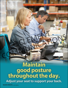 "Maintain Good Posture Throughout the Day" ergonomic safety poster from Clement, encouraging regular body position shifts and back support.