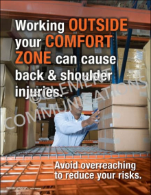 Ergonomics safety poster titled "Working Outside Your Comfort Zone," illustrating the risks of overreaching and the importance of maintaining a neutral posture.