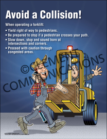 "Avoid a Collision" warehouse safety poster from Clement, warning about forklift collisions, falling loads, and pedestrian crushing hazards.