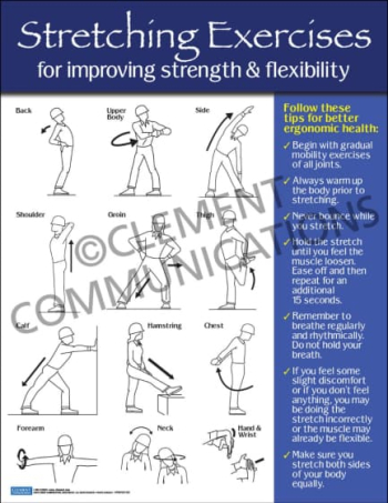 Stretching Exercises for Improving Strength & Flexibility Poster demonstrating techniques to improve strength and flexibility and reduce muscle stiffness in the workplace.