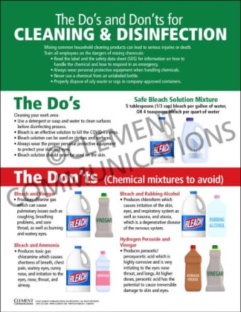 The Do's and Don'ts for Cleaning & Disinfection Infographic Poster detailing chemical safety precautions and proper workplace sanitization procedures.