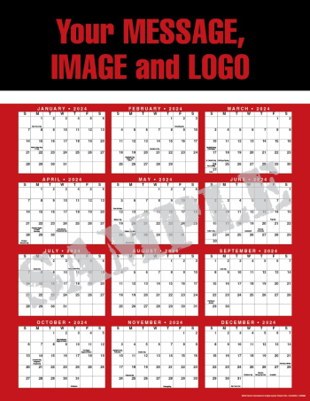 Custom calendar poster with personalized safety and motivational imagery, showcasing options for size and lamination.
