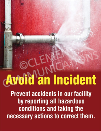 Workplace safety poster titled "Prevention: Avoid an Accident" featuring high-contrast text and graphic elements designed to encourage proactive hazard mitigation.